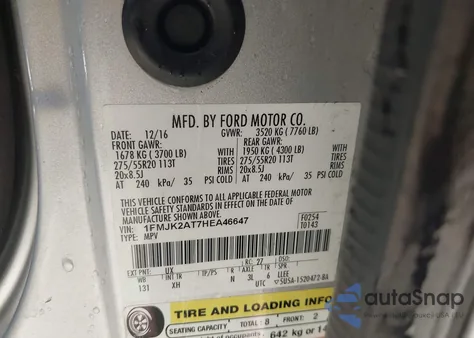 2017 Ford Expedition El Limited from USA, damaged, VIN 1FMJK2AT7HEA46647